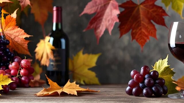 Red wine and grapes in an autumn still life setting. Slow pan across a rustic table with colorful fall leaves. Seasonal harvest and wine tasting celebration