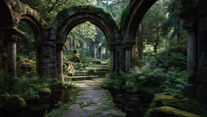 Obraz premium Sunlit Ancient Stone Arches and Mossy Ruins in a Lush, Enchanted Forest Path.