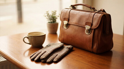 A brown leather bag with metal clasps next to a pair of warm gloves and a cup of latte