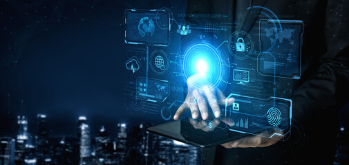 A futuristic command center interface for managing a global technology platform. The dashboard includes data security, network administration, and biometric user authentication. Fermion