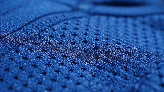Close-up macro view of blue breathable fabric texture with small holes for ventilation
