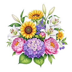 Vibrant Floral Bouquet with Sunflowers and Lilies graphic isolated on a transparent background