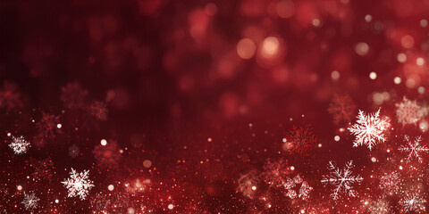 Festive Red Abstract Background with Glittering Bokeh and Snowflakes for Vibrant Christmas and New Year Designs