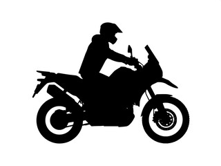 Fototapeta premium “Side-profile silhouette of an adventure bike with a rider wearing a helmet and jacket, high-contrast black on white background.”