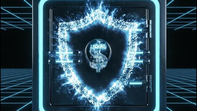 Futuristic close up shows digital vault with neon green dollar sign glowing inside, while safe door moves to close and symbolizes secure online banking and strong cyber protection of money.