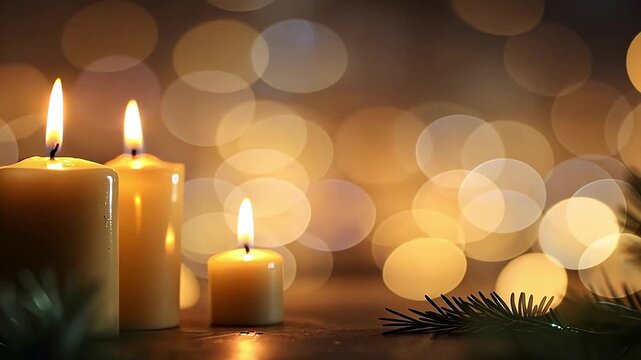 Three burning candles with flickering flames. Christmas holiday background with golden bokeh lights. Spiritual advent or celebration concept with copy space