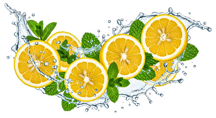 Freshly sliced oranges splashing in water with mint leaves