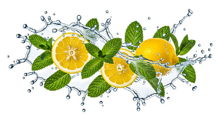 Fresh lemons splashing in water with green leaves surrounding them in a refreshing scene