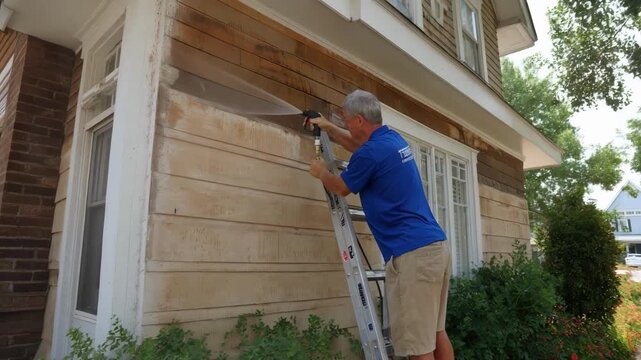 Medium shot capturing a homeowner correcting a common wood preservation mistake by reapplying protective coating to an uneven surface.