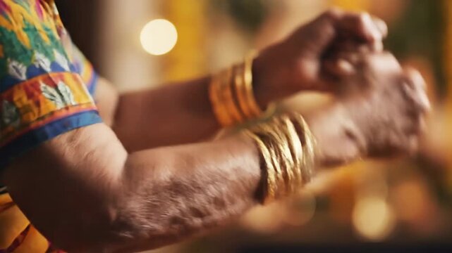 Close-up of elder hands adorned with bangles and colorful sleeves, warm lighting