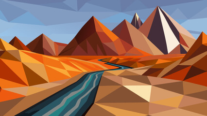 Geometric minimalist travel landscape with crystalline mountains and ribbon road