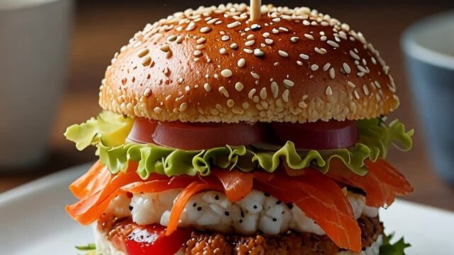 Gourmet sushi burger with salmon and rice. A creative Japanese-American food fusion dish. Close-up of a unique meal presentation