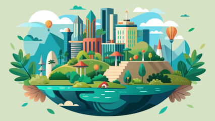 Nature-inspired eco city in flat vector style. Harmonious blend of urban life and botanical motifs.