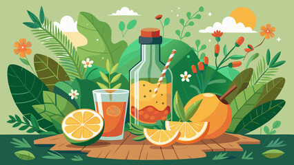 Organic botanical beverage scene in flat vector style