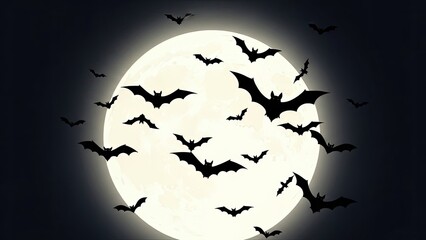 Flock of Bats Flying in Front of a Full Moon at Night