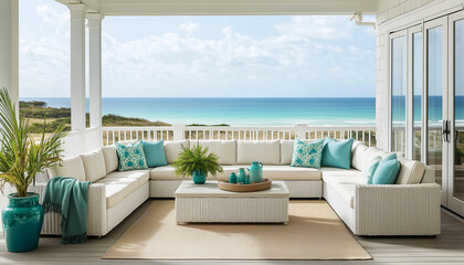 Obraz premium White sectional sofa with blue pillows sits on a coastal porch with ocean views. Relaxing outdoor living space invites calm and comfort