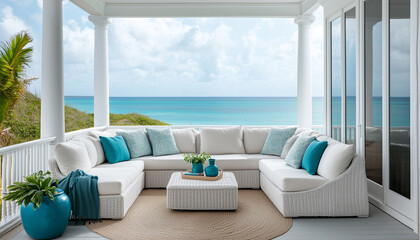 Obraz premium White sectional sofa with blue pillows sits on a coastal porch with ocean views. Relaxing outdoor living space invites calm and comfort