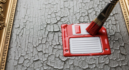 パソコンにおける更新・上書き・上書き保存のメタファーとコピースペース（古い絵具の上に書かれるフロッピーディスクアイコン）