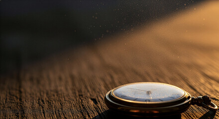 遺品整理のメタファーとコピースペース（持ち主を失い埃が積もった懐中時計と止まった時間、夕暮れの静寂）