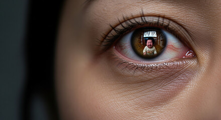 育児疲れ・育児ノイローゼのメタファーとコピースペース（睡眠不足で充血した目と泣き止まない赤ちゃんの映り込み）