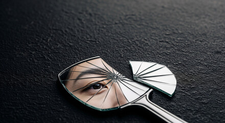 育児ノイローゼによる自己喪失のメタファーとコピースペース（割れた手鏡に映る疲れた目元と精神的苦痛）