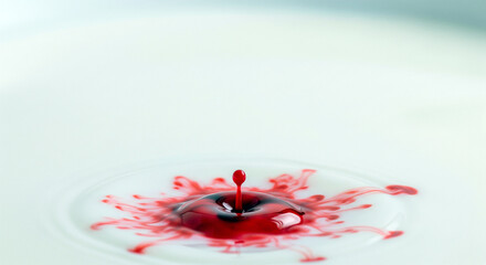 進行する胃潰瘍のメタファーとコピースペース（牛乳に広がる赤いインクの拡散、吐血のイメージ）