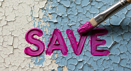 パソコンにおける更新・上書き・上書き保存のメタファーとコピースペース（古い絵具の上に書かれるSAVEの文字）