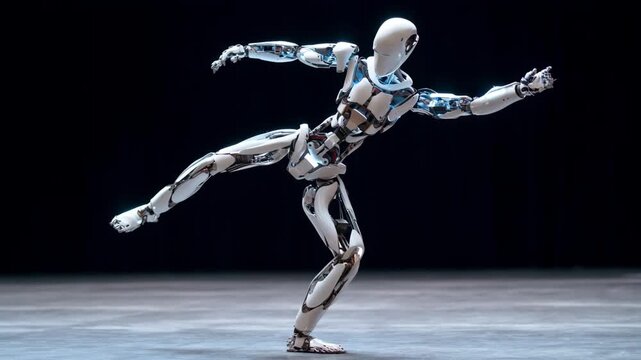 Humanoid robot performing fluid dance movements in a studio showcasing advanced articulation and humanlike grace in autonomous choreography.