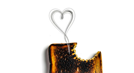 The bittersweet essence of intense love captured in a unique visual, featuring a charred piece of toast with smoke gracefully forming a delicate heart shape