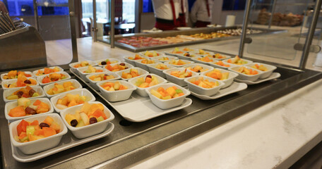 Dining Room Buffet aboard the abstract luxury cruise ship. Healthy breakfast at modern liner concept
