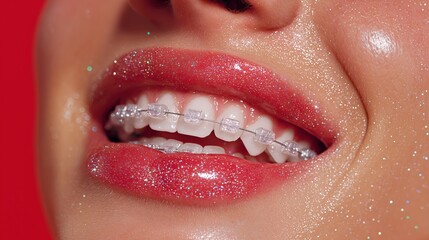 Close-up of smiling female with braces and glitter makeup on lips