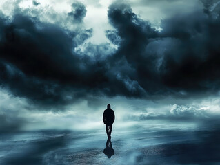 a man standing with his back to the gloomy black sky full of clouds in the background