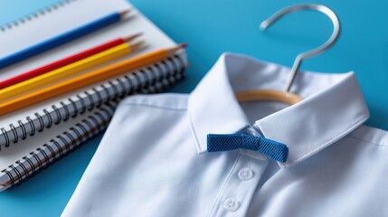 White dress shirt with blue bow tie and notebooks on blue surface