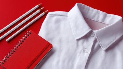 Pristine white shirt with red notebook and pencils on solid red background