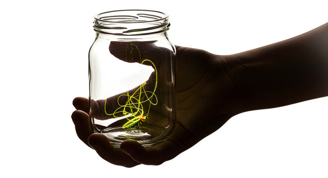 Hand holding a jar filled with glowing fireflies on a white background, symbolizing summer nights and nature's magic
