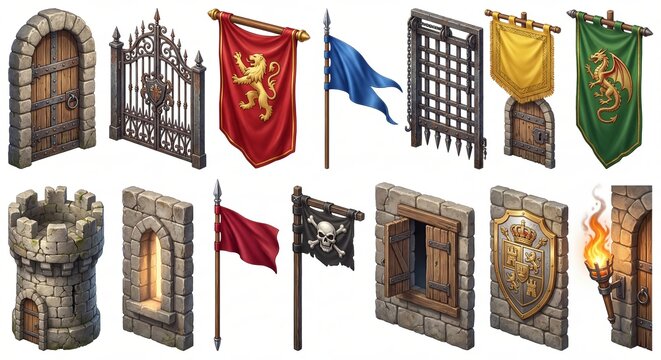 Set of medieval castle elements and fantasy kingdom assets isolated on white background