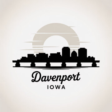 Davenport Iowa Skyline Silhouette &mdash; A Mississippi River Quad Cities Landmark Vector Illustration