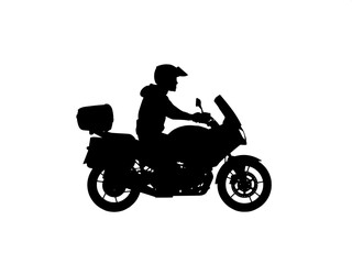 &ldquo;Monochrome vector illustration of a helmeted rider on a touring motorcycle, side view, bold black silhouette, centered composition.&rdquo;