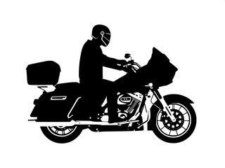 Fototapeta premium “Monochrome vector illustration of a helmeted rider on a touring motorcycle, side view, bold black silhouette, centered composition.”