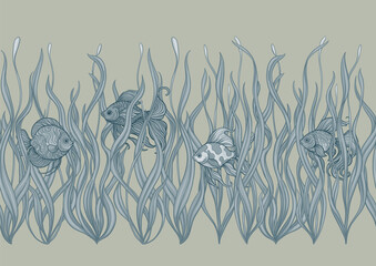 Seamless aquarium pattern with ornamental fish swimming among wavy green seaweed. Vector decorative design for textile and wallpaper, repeating tileable background tropical fish, detailed foliage