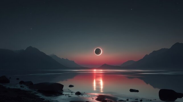 A solar eclipse takes place over a mountain lake at twilight. The sky shows dark colors while the moon covers the sun. Reflections shimmer on the water surface. Rocks line the shore.