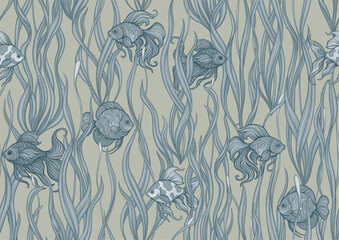 Seamless aquarium pattern with ornamental fish swimming among wavy green seaweed. Vector decorative design for textile and wallpaper, repeating tileable background tropical fish, detailed foliage