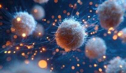 Fototapeta premium Vibrant Microscopic White Cells with Glowing Filaments and Orange Particles.