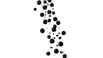 Scattered black coffee beans falling from above, a close-up shot.