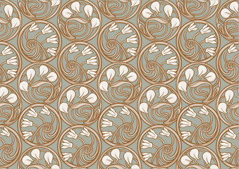 Decorative flowers and leaves in art nouveau style, vintage, old, retro style. Seamless pattern, background. Vector illustration. In art nouveau style, vintage, old, retro style.
