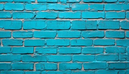 Textured wall background constructed from blue painted bricks. Rough brickwork on building exterior or interior. Abstract modern design