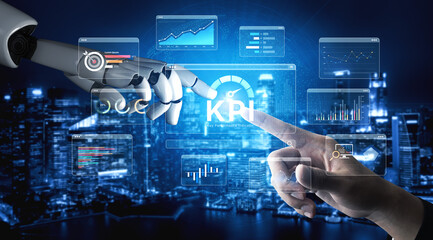Obraz premium An AI assistant manages a business intelligence dashboard, tracking Key Performance Indicators (KPI) in real-time. This smart system visualizes data and measures performance. Fermion