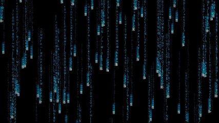 Digital symbol appears in rain of characters against a dark background in an animation sequence displaying motion of letters and numbers - Powered by Adobe