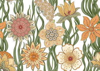 Ornate floral seamless pattern. Elegant hand-drawn botanical motif with intricate repeating layout for textile and wallpaper. Classic flowers and foliage create a refined vintage background.