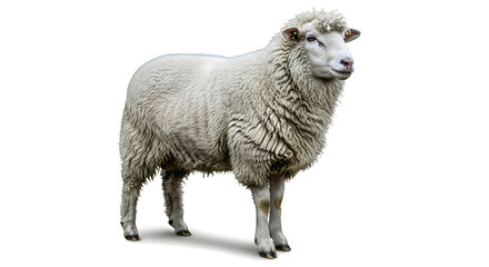 A serene sheep stands calmly on a white background